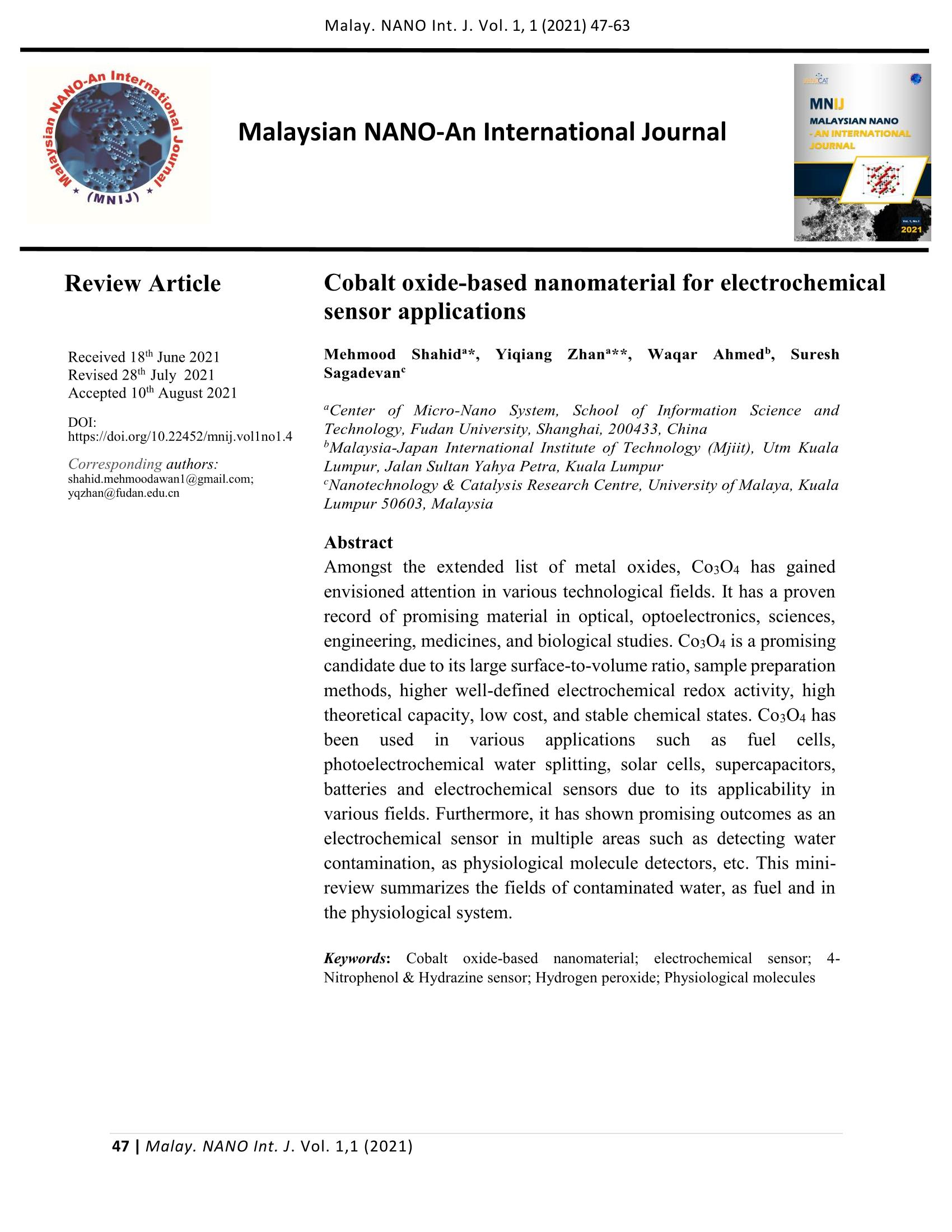 Cobalt oxide-based nanomaterial for electrochemical sensor applications